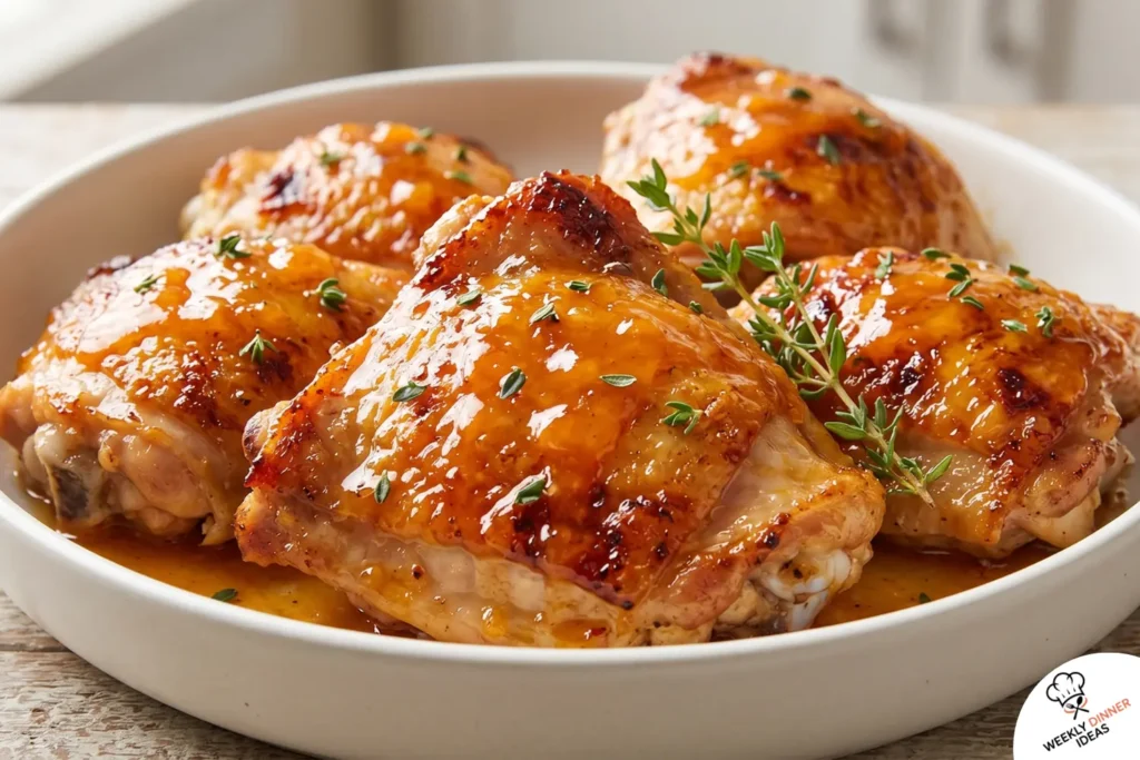 Finished Glazed Apricot Chicken Thighs Finished glazed apricot chicken thighs with crispy skin, sticky glossy apricot glaze, caramelized edges, and fresh herbs.