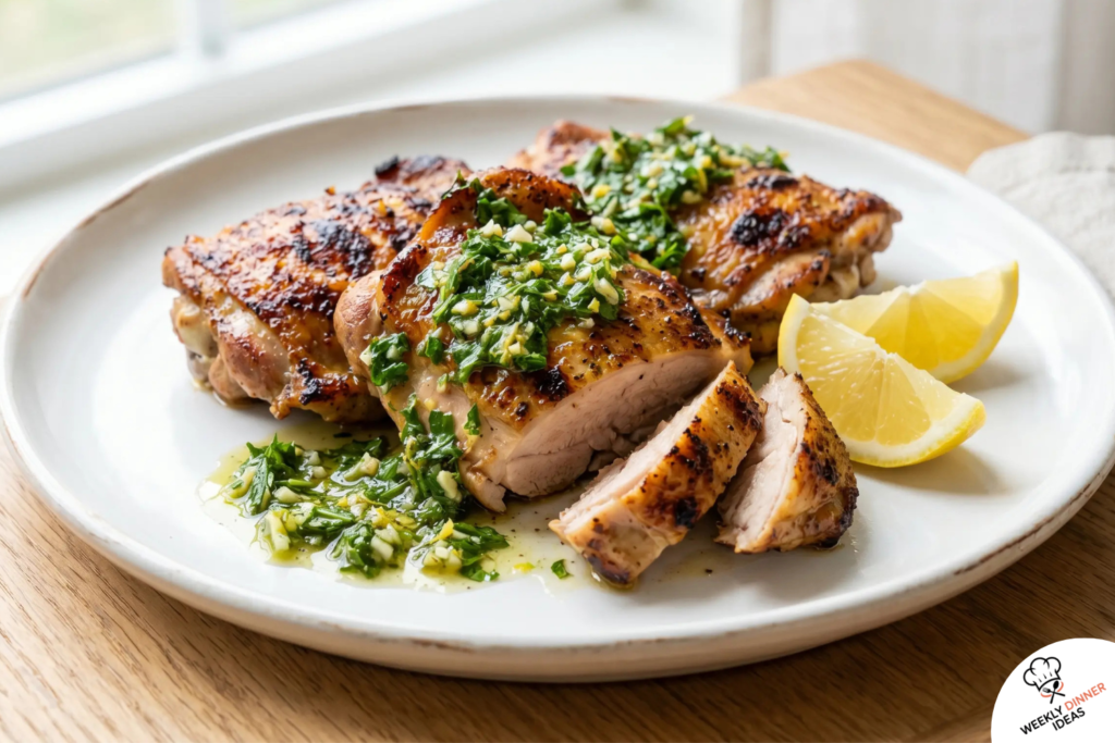 Finished Marinated Chicken Thighs with Zesty Herb Sauce Finished marinated chicken thighs with golden seared edges and fresh zesty herb sauce.