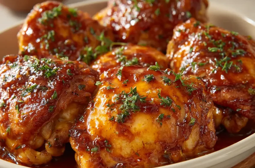 Glazed apricot chicken thighs with crispy golden skin, sticky apricot glaze, caramelized edges, and fresh herbs.