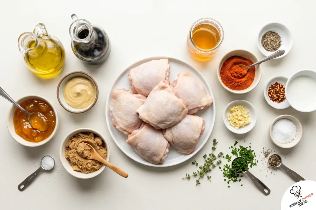 Glazed Apricot Chicken Thighs Ingredients Ingredients for glazed apricot chicken thighs including chicken thighs, apricot preserves, soy sauce, Dijon mustard, vinegar, garlic, paprika, and herbs.