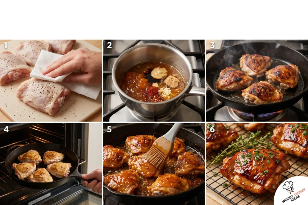 How to Make Glazed Apricot Chicken Thighs Six-step photo collage showing how to season, make apricot glaze, sear, roast, glaze, and finish chicken thighs.