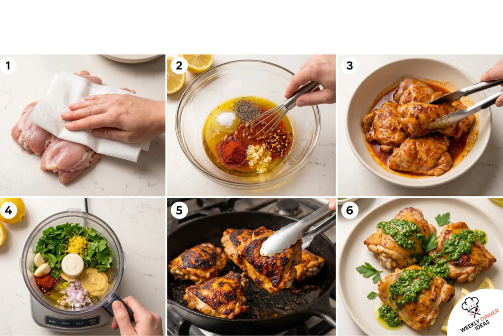 How to Make Marinated Chicken Thighs with Zesty Herb Sauce Six-step photo collage showing how to marinate chicken thighs, make zesty herb sauce, sear, rest, and serve.