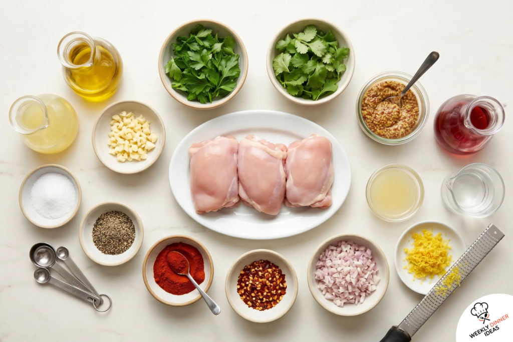 Marinated Chicken Thighs with Zesty Herb Sauce Ingredients Ingredients for marinated chicken thighs with zesty herb sauce including chicken, olive oil, lemon, garlic, parsley, cilantro, mustard, shallot, and spices.