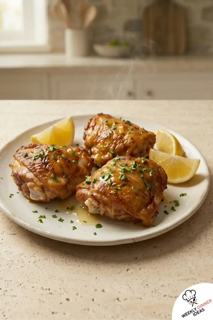 Final plated Baked Boneless Skinless Chicken Thighs with browned edges and parsley