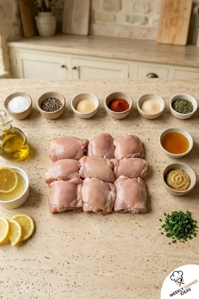 Ingredients for Baked Boneless Skinless Chicken Thighs including chicken thighs, olive oil, paprika, garlic powder, thyme, lemon, parsley, honey, and Dijon