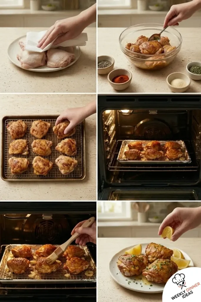 Step-by-step collage showing how to make Baked Boneless Skinless Chicken Thighs from drying and seasoning to baking and finishing