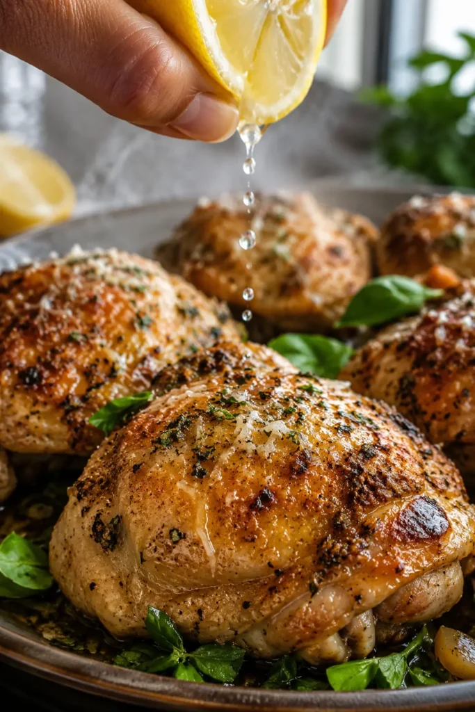 baked-italian-chicken-thighs-final Close-up of Baked Italian Chicken Thighs with crispy skin, melted Parmesan, fresh herbs, and lemon being squeezed over the top.
