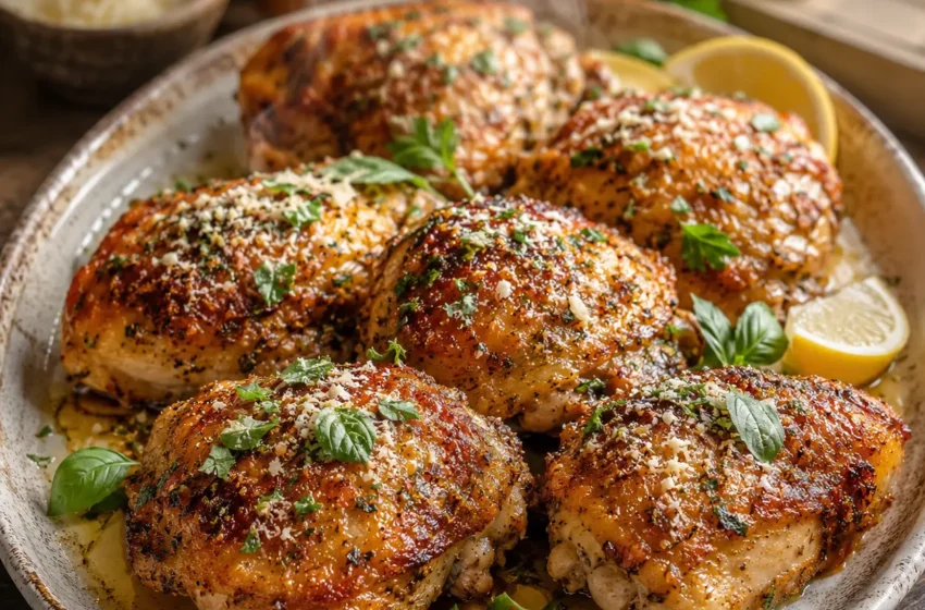 Baked Italian Chicken Thighs with crispy golden skin, Italian herbs, Parmesan, parsley, basil, and lemon wedges.