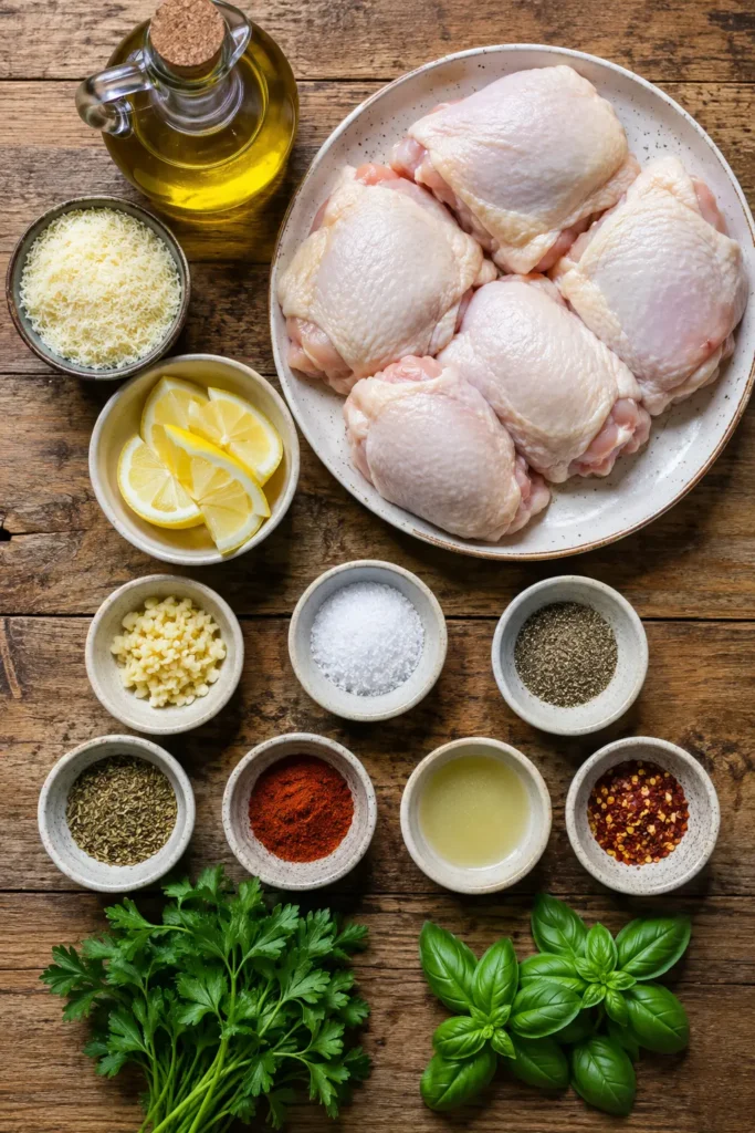 baked-italian-chicken-thighs-ingredients Ingredients for Baked Italian Chicken Thighs arranged on a rustic wooden kitchen table.
