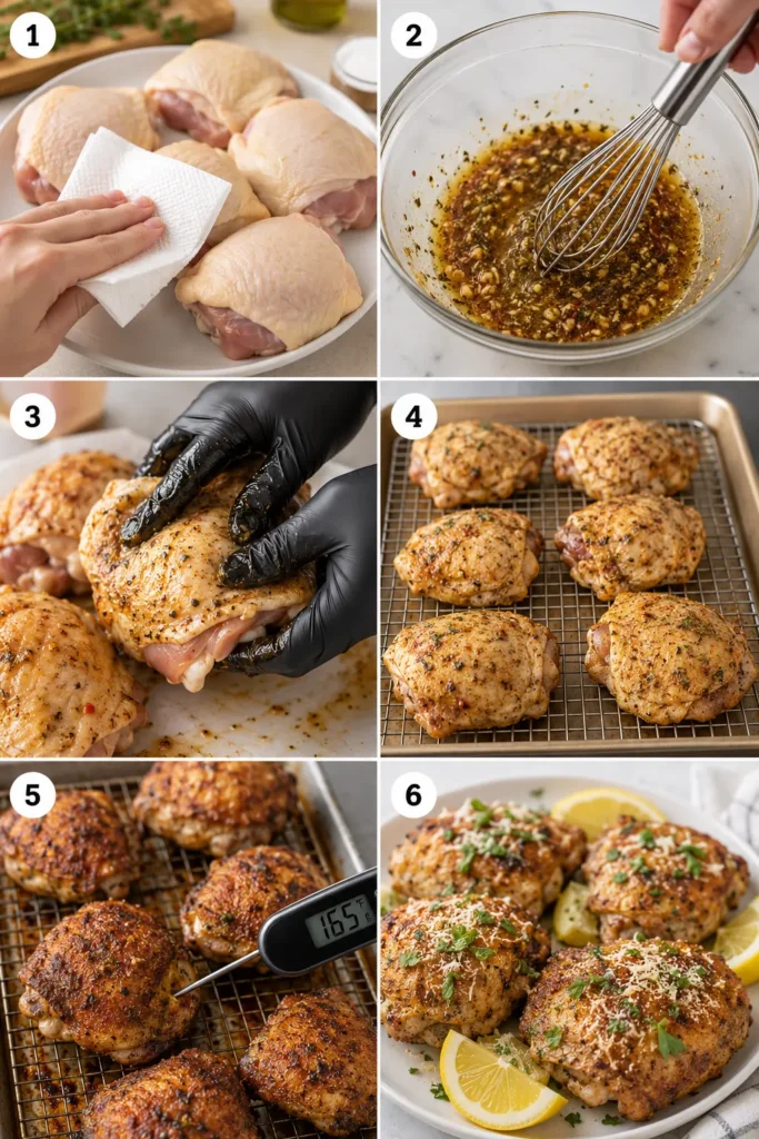 baked-italian-chicken-thighs-steps Six-step collage showing how to prepare Baked Italian Chicken Thighs.