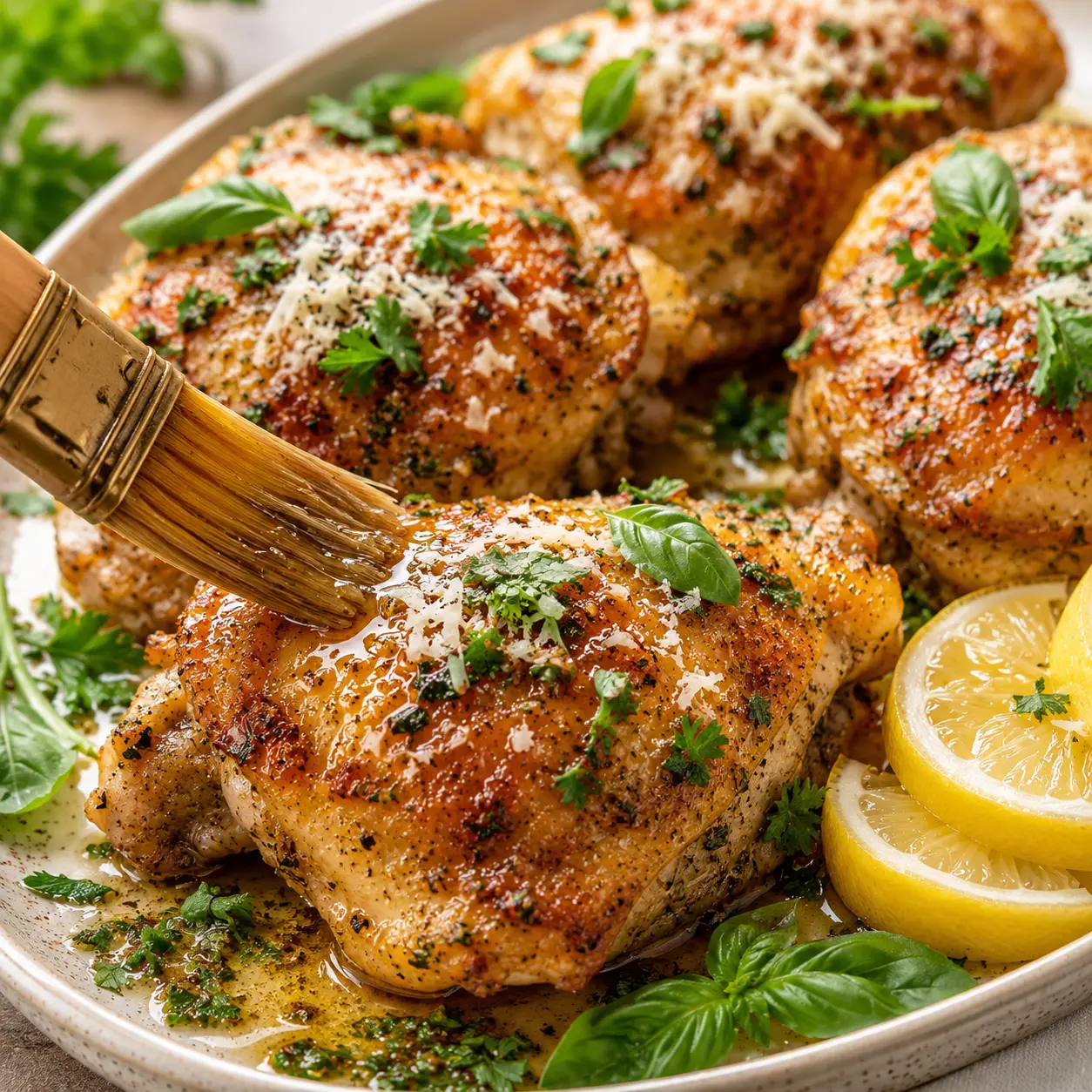 Easy Baked Italian Chicken Thighs Ready in Just 30 Minutes! 1 Baked Italian Chicken Thighs arranged neatly for recipe card with Parmesan, herbs, and lemon wedges.