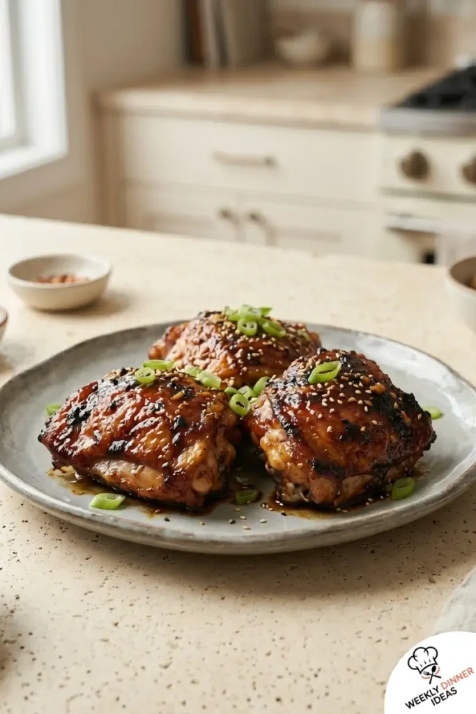 Final plated Brown Sugar Soy Sauce Chicken Thighs with sticky glaze, scallions, and sesame seeds
