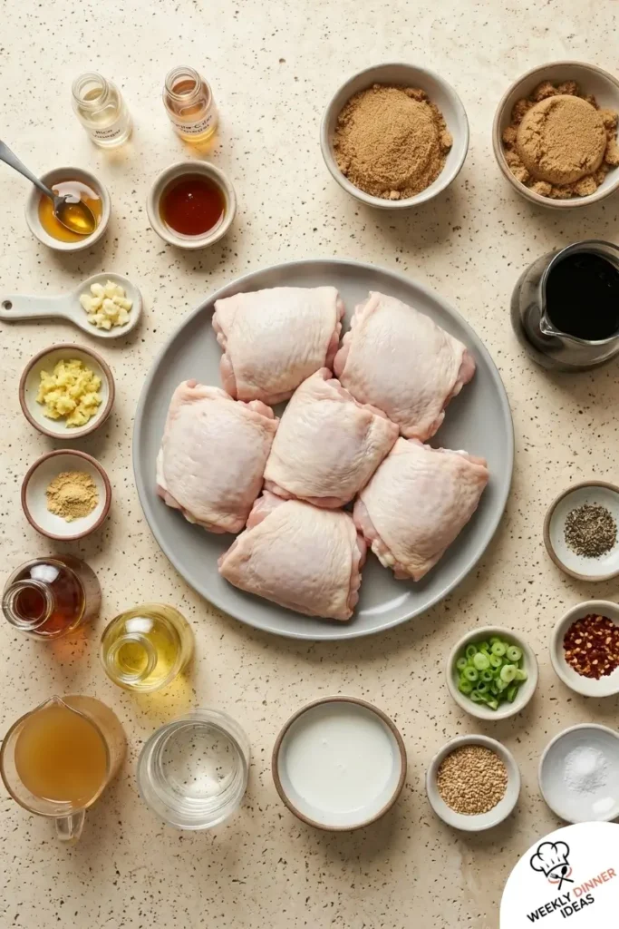 Ingredients for Brown Sugar Soy Sauce Chicken Thighs including chicken thighs, brown sugar, soy sauce, garlic, ginger, sesame oil, scallions, and sesame seeds