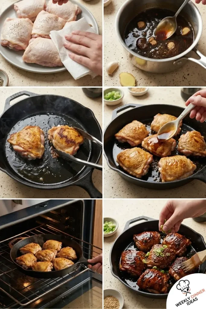 Step-by-step collage showing how to make Brown Sugar Soy Sauce Chicken Thighs from making the glaze to roasting and broiling