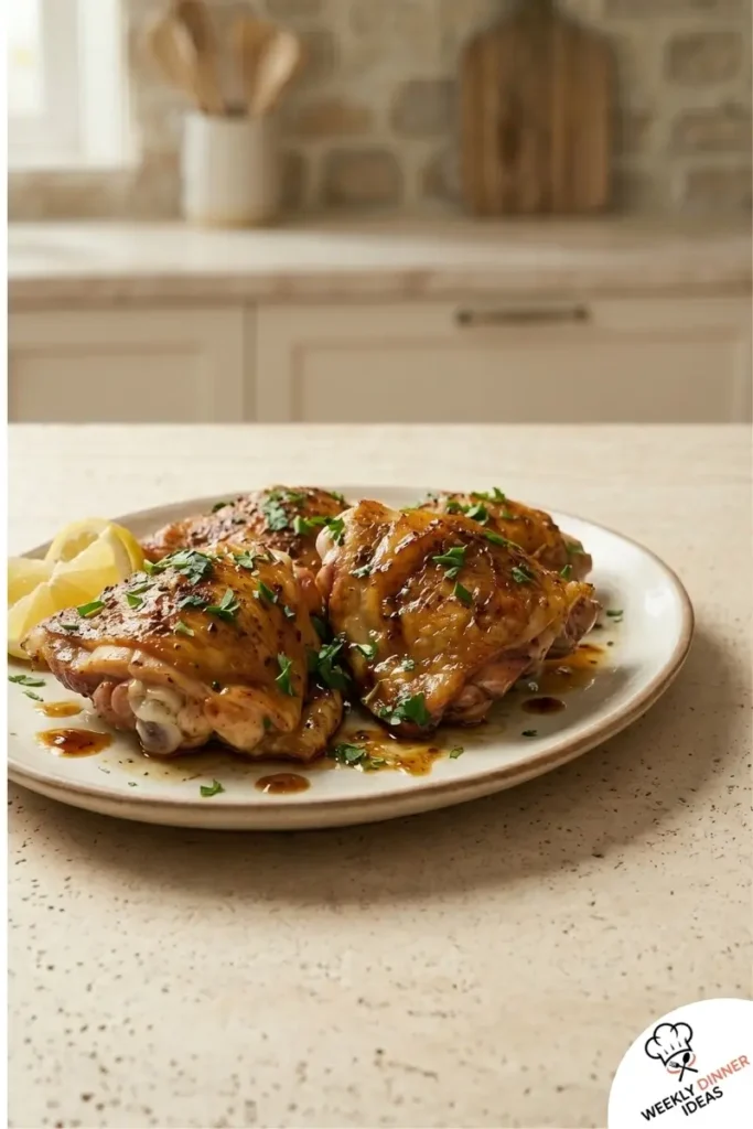 Final plated Greek Chicken Thighs with crispy skin, parsley, and lemon wedges