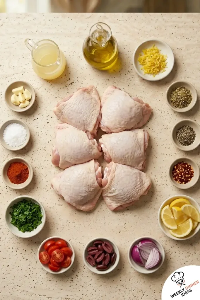 Ingredients for Greek Chicken Thighs including chicken thighs, olive oil, lemon, garlic, oregano, parsley, tomatoes, olives, and red onion