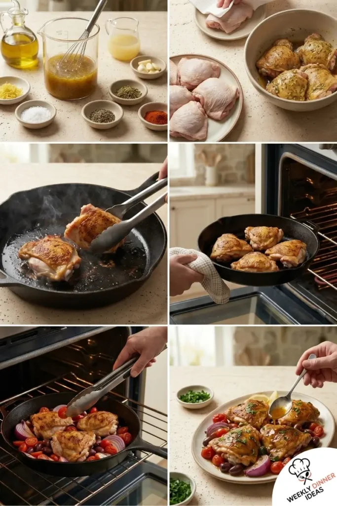 Step-by-step collage showing how to make Greek Chicken Thighs from marinade to searing, roasting, and serving