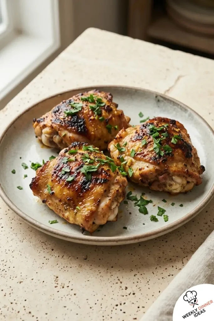 Final plated Greek yogurt marinated chicken thighs with crispy skin and herb spice coating