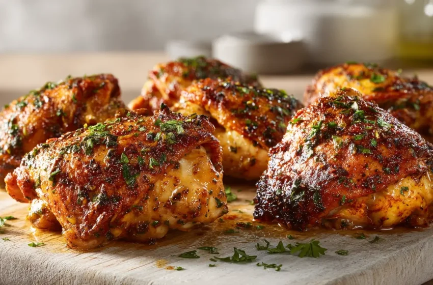 Greek Yogurt Chicken Thigh Marinade with golden crispy skin and yogurt herb spice coating