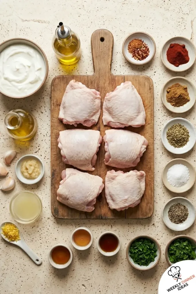 Ingredients for Greek Yogurt Chicken Thigh Marinade including chicken thighs, Greek yogurt, lemon, garlic, paprika, oregano, and herbs
