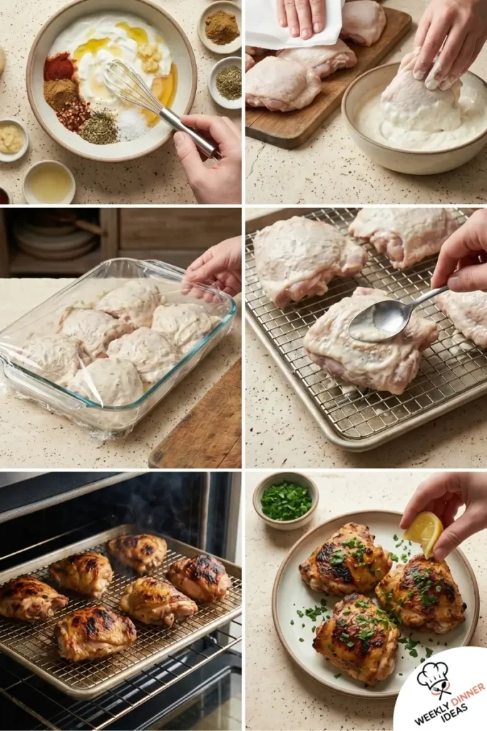 Step-by-step collage showing how to make Greek Yogurt Chicken Thigh Marinade from mixing the marinade to roasting and serving
