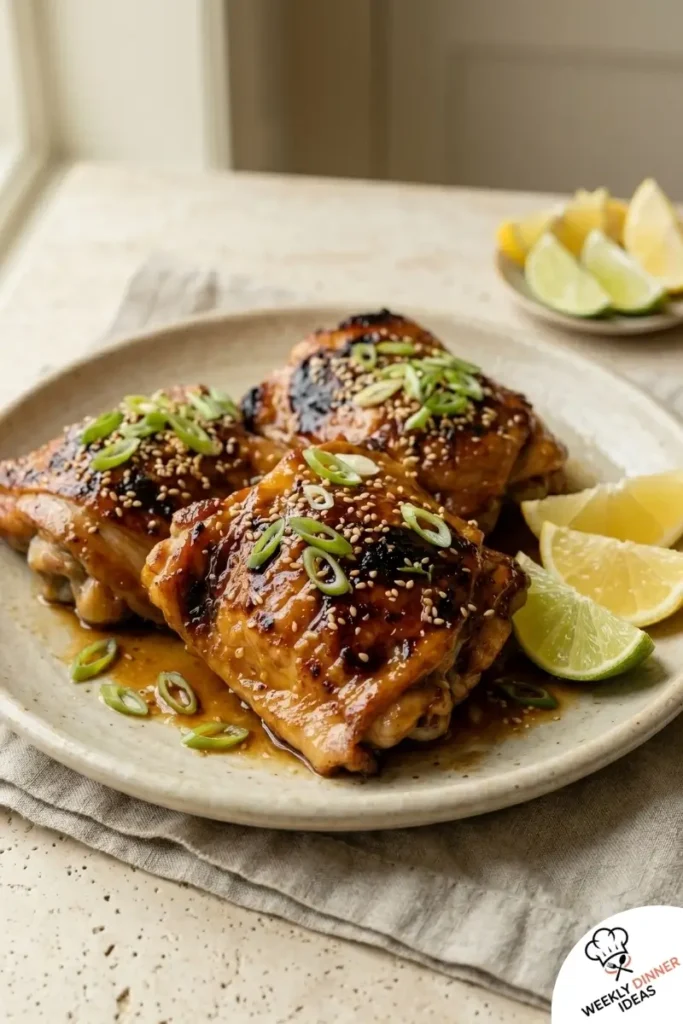 Final plated Miso Chicken Thighs with sticky glaze, caramelized broiled edges, scallions, and sesame
