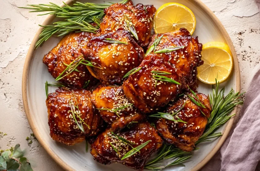 Miso Chicken Thighs with glossy sticky glaze, caramelized edges, sesame seeds, and scallions