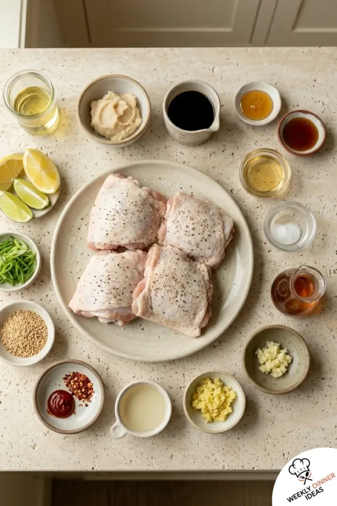 Ingredients for Miso Chicken Thighs including chicken thighs, white miso, soy sauce, honey, sesame oil, garlic, ginger, scallions, and sesame seeds
