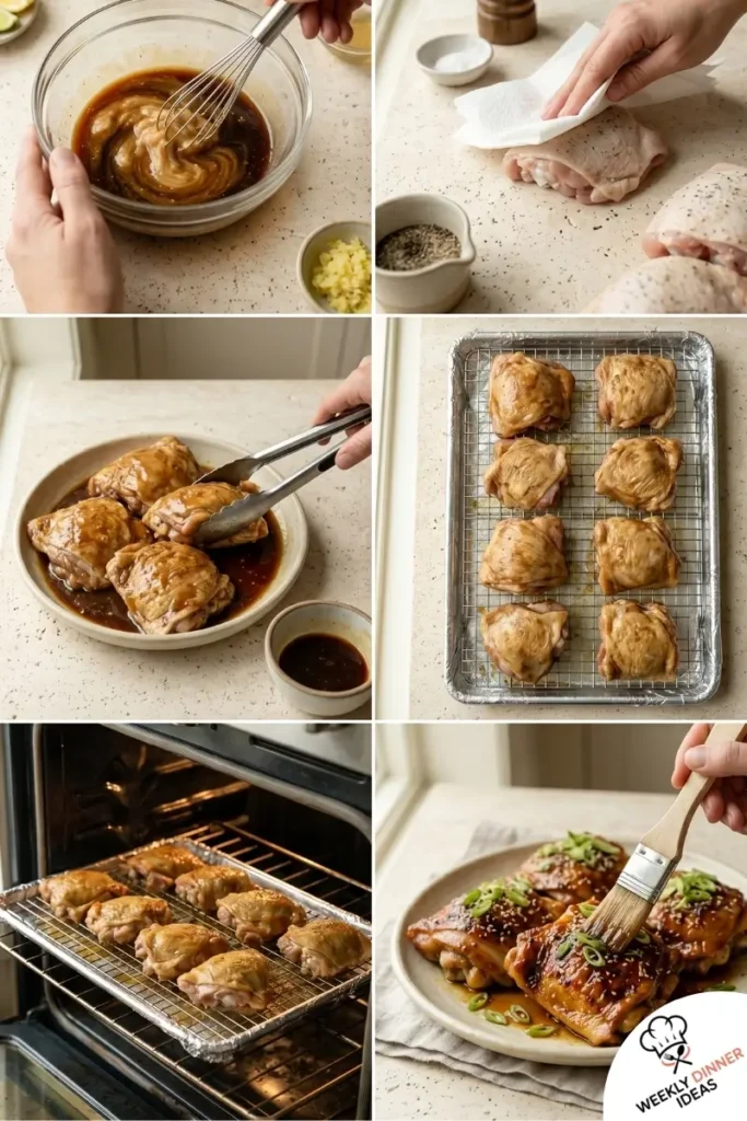 Step-by-step collage showing how to make Miso Chicken Thighs from mixing the glaze to baking and broiling