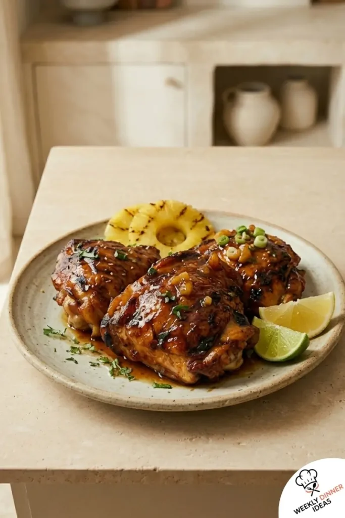 Final Pineapple Lime Chicken Thighs Final plated Pineapple Lime Chicken Thighs with caramelized pineapple and lime