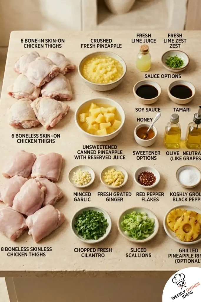Pineapple Lime Chicken Thighs Ingredients Ingredients for Pineapple Lime Chicken Thighs including chicken thighs, pineapple, lime, soy sauce, garlic, ginger, and cilantro