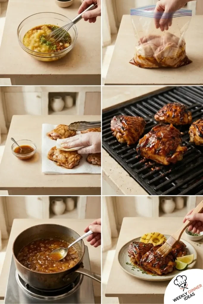 How to Make Pineapple Lime Chicken Thighs Step-by-step collage showing how to make Pineapple Lime Chicken Thighs from marinating to cooking and glazing