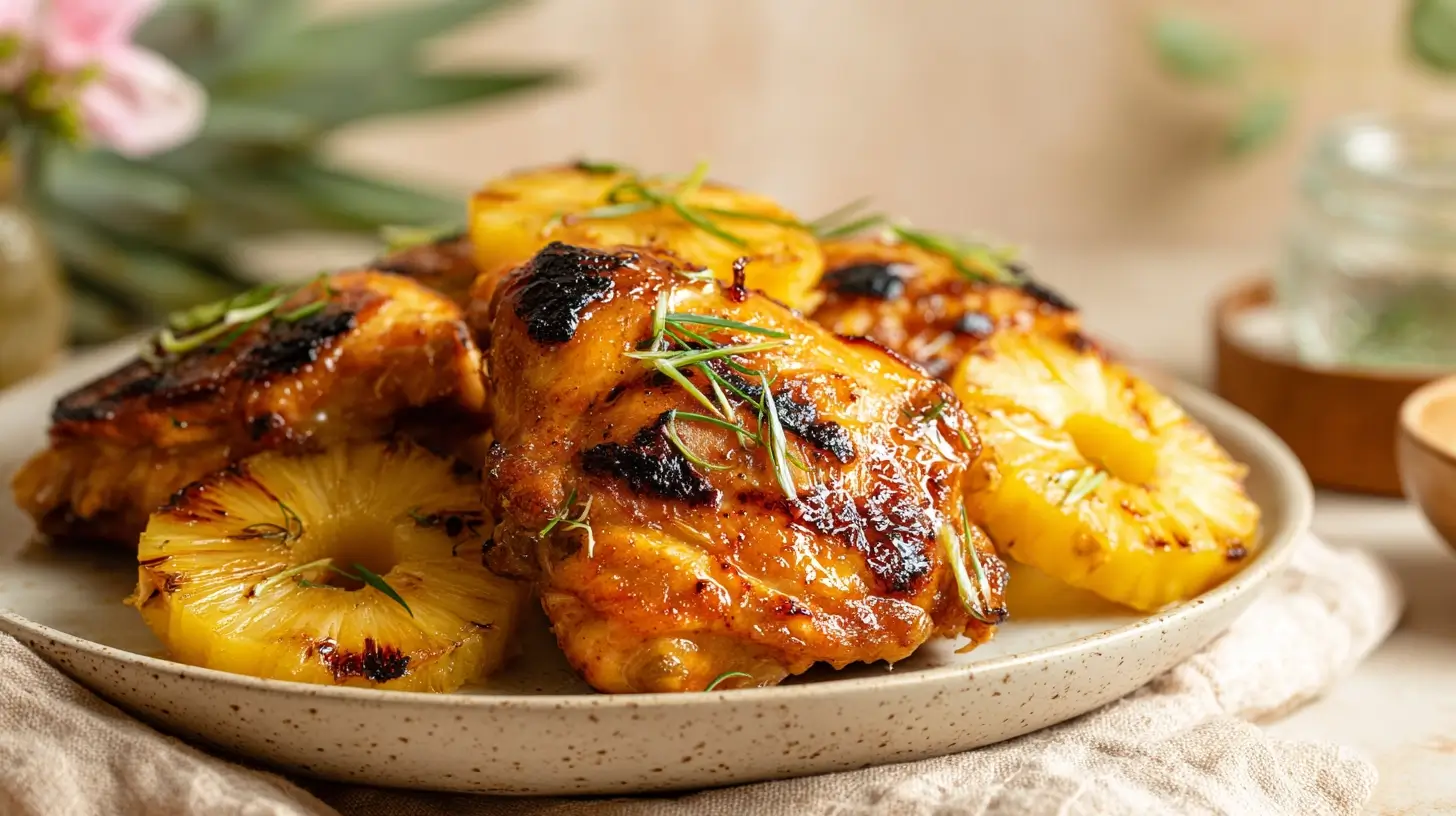 Satisfy Your Cravings with Irresistible Pineapple Lime Chicken Thighs 1 Square recipe image for Pineapple Lime Chicken Thighs with glossy glaze and charred pineapple