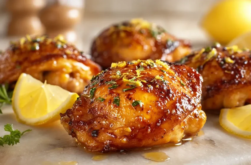 Greek Chicken Thighs with crispy golden skin, lemon, garlic, and oregano