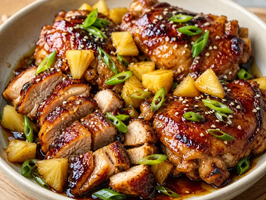 Finished Hawaiian Shoyu Chicken Thighs Finished Hawaiian shoyu chicken thighs with sticky soy pineapple glaze, pineapple chunks, green onions, and sesame seeds.