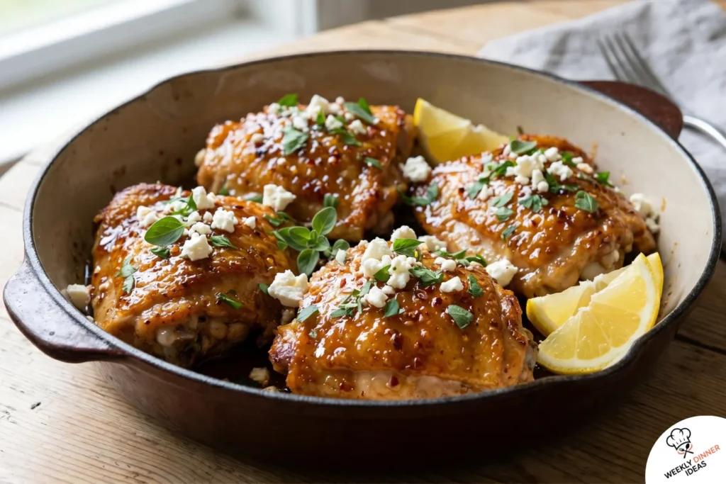Finished Hot Honey Feta Chicken Thighs Finished hot honey feta chicken thighs with crispy skin, glossy spicy honey glaze, feta, herbs, and lemon wedges.