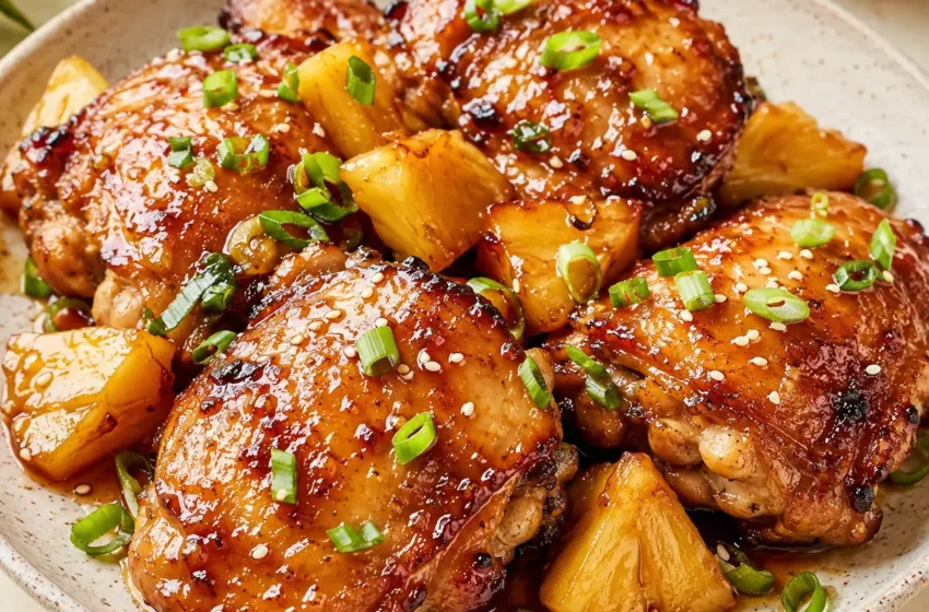 Hawaiian shoyu chicken thighs with sticky soy pineapple glaze, caramelized edges, pineapple chunks, green onions, and sesame seeds.