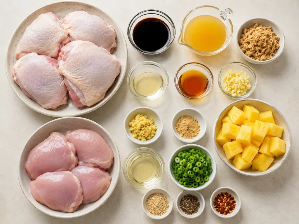 Hawaiian Shoyu Chicken Thighs Ingredients Ingredients for Hawaiian shoyu chicken thighs including chicken, shoyu, pineapple juice, brown sugar, vinegar, sesame oil, garlic, ginger, pineapple, green onions, and sesame seeds.