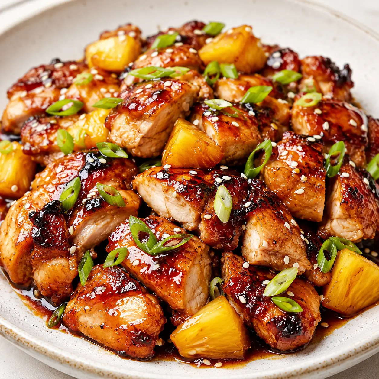 Easy Hawaiian Shoyu Chicken Thighs: A Delicious Dinner in 30 Minutes! 1 Square recipe image of Hawaiian shoyu chicken thighs with glossy pineapple soy glaze, green onions, sesame seeds, and pineapple chunks.