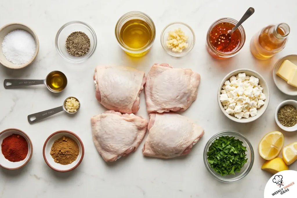 Hot Honey Feta Chicken Thighs Ingredients Ingredients for hot honey feta chicken thighs including chicken thighs, hot honey, feta, garlic, butter, vinegar, herbs, spices, and lemon.