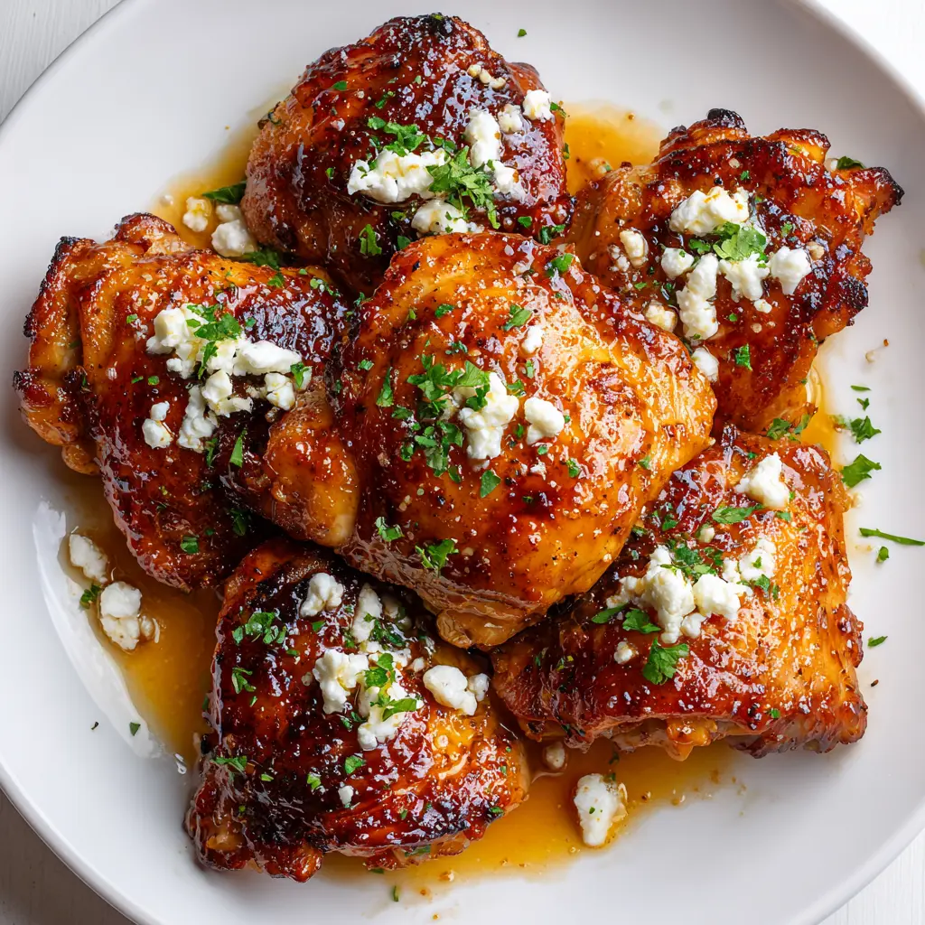 Satisfying Hot Honey Feta Chicken Thighs: The Ultimate Dinner Solution 1 Square recipe image of hot honey feta chicken thighs with crispy skin, glossy glaze, feta, herbs, and lemon.
