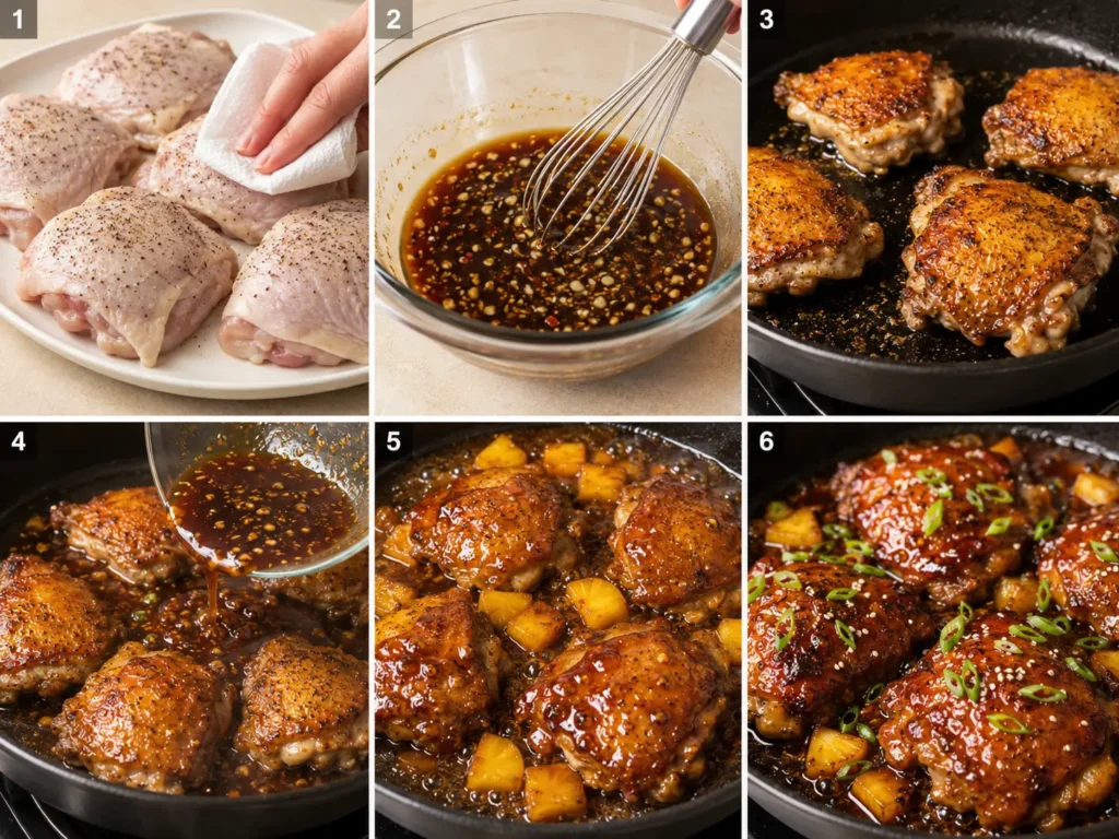 How to Make Hawaiian Shoyu Chicken Thighs Six-step photo collage showing how to dry, sear, glaze, simmer, caramelize, and garnish Hawaiian shoyu chicken thighs.