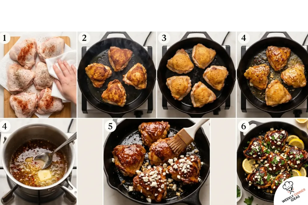 How to Make Hot Honey Feta Chicken Thighs Six-step photo collage showing how to season, sear, roast, glaze, add feta, and finish hot honey feta chicken thighs.