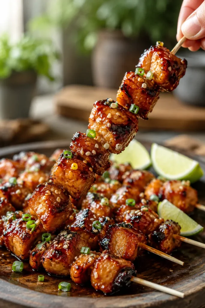 air-fryer-sweet-chili-honey-garlic-skewers-final Close-up of Air Fryer Sweet Chili Honey Garlic Chicken Skewers with glossy caramelized edges.