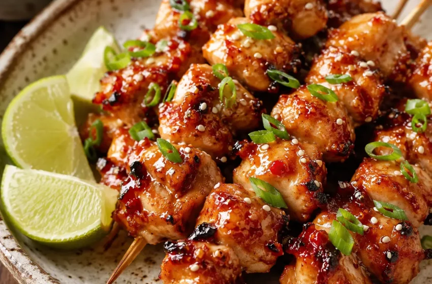 Air Fryer Sweet Chili Honey Garlic Chicken Skewers with glossy caramelized glaze, garnished with green onions, sesame seeds, and lime wedges.
