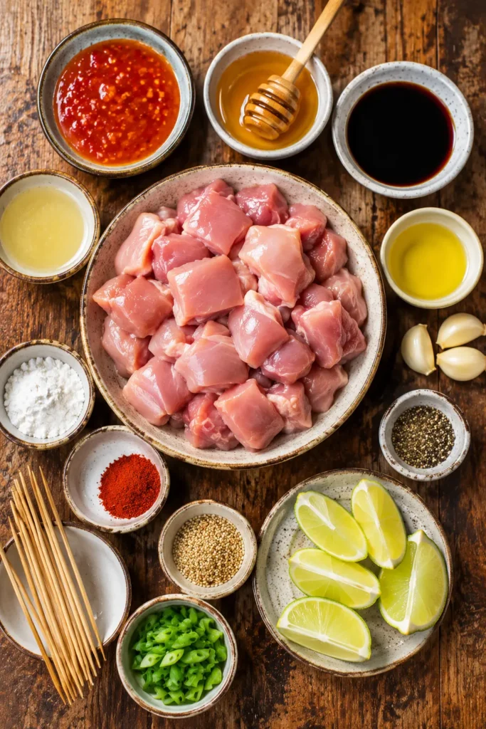 air-fryer-sweet-chili-honey-garlic-skewers-ingredients Ingredients for Air Fryer Sweet Chili Honey Garlic Chicken Skewers laid out on a rustic table.