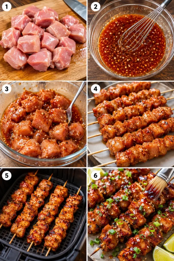 air-fryer-sweet-chili-honey-garlic-skewers-steps Six-panel collage showing the preparation of Air Fryer Sweet Chili Honey Garlic Chicken Skewers.