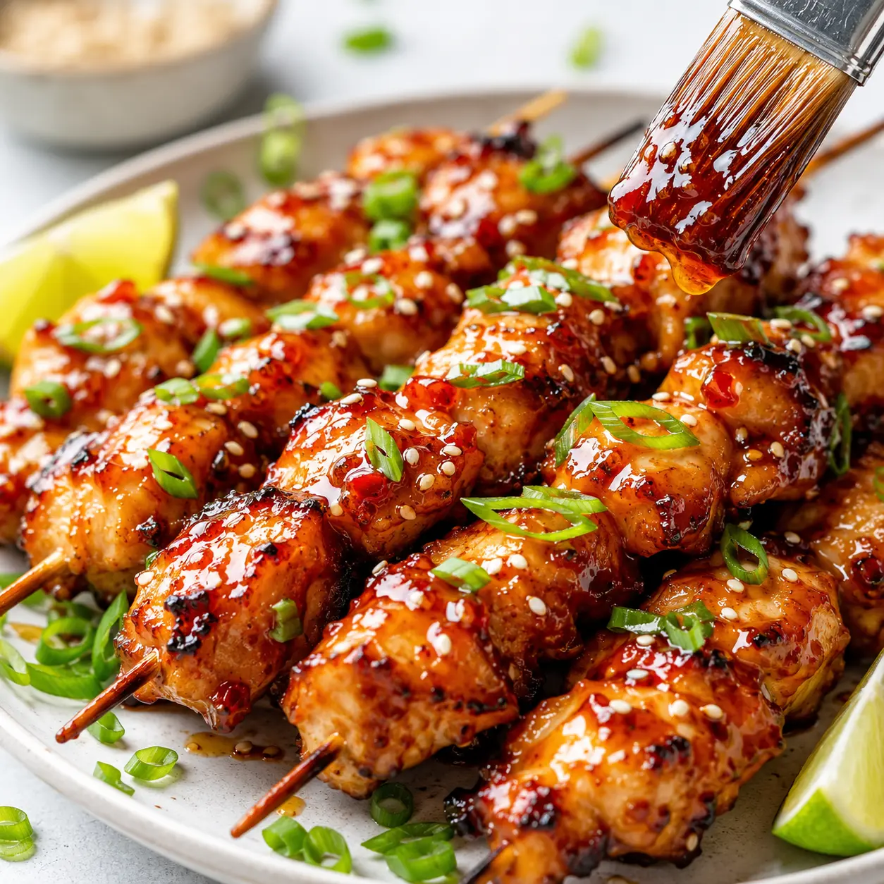 Easy Air Fryer Sweet Chili Honey Garlic Chicken Skewers Ready in 20 Minutes! 1 Air Fryer Sweet Chili Honey Garlic Chicken Skewers arranged neatly for recipe card with garnishes.