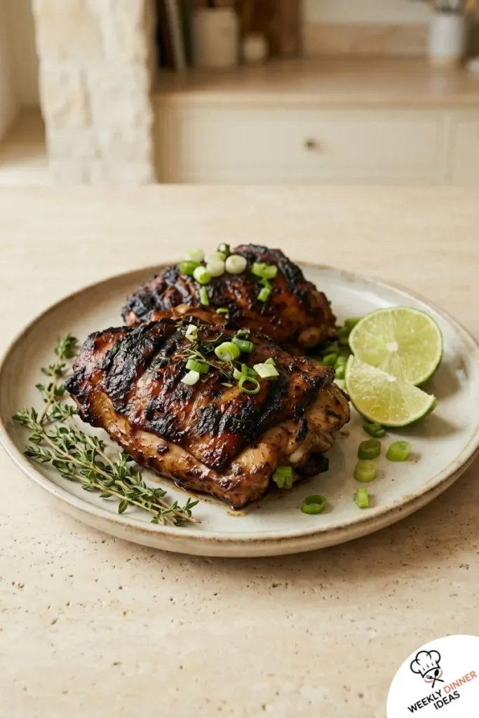 Final Grilled Jerk Chicken Thighs Final plated Grilled Jerk Chicken Thighs with smoky char, jerk crust, and lime wedges