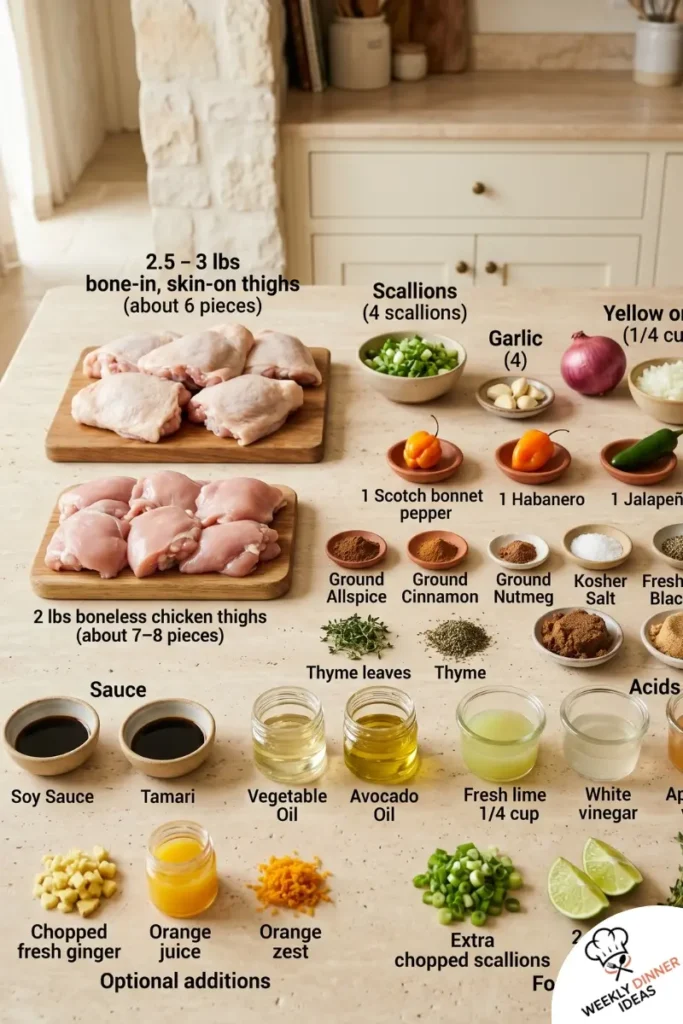 Grilled Jerk Chicken Thighs Ingredients Ingredients for Grilled Jerk Chicken Thighs including chicken thighs, scallions, garlic, thyme, allspice, peppers, lime, and soy sauce